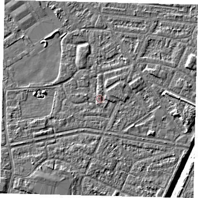 Shaded relief map of the ground around HU93DF, computed from Environment Agency LiDAR. The ground here sits at about 3 m above sea level and falls 6 m across the surrounding 800 m. Surface water reaching this point runs off ground lying to the south-east, 0.8 m higher.
