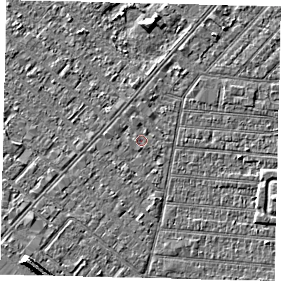 Shaded relief map of the ground around HU93DG, computed from Environment Agency LiDAR. The ground here sits at about 2 m above sea level and falls 7 m across the surrounding 800 m. The ground contributing surface water to this point lies to the north-west.