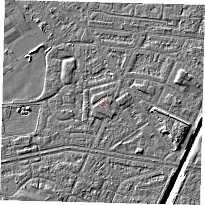 Shaded relief map of the ground around HU93DJ, computed from Environment Agency LiDAR. The ground here sits at about 3 m above sea level and falls 6 m across the surrounding 800 m. Surface water reaching this point runs off ground lying to the south-south-west, 0.7 m higher.