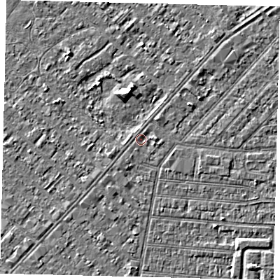Shaded relief map of the ground around HU93DL, computed from Environment Agency LiDAR. The ground here sits at about 2 m above sea level and falls 4 m across the surrounding 800 m. The ground contributing surface water to this point lies to the south-west.