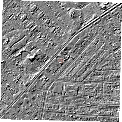Shaded relief map of the ground around HU93DP, computed from Environment Agency LiDAR. The ground here sits at about 2 m above sea level and falls 3 m across the surrounding 800 m. Surface water reaching this point runs off ground lying to the east, 1.4 m higher.