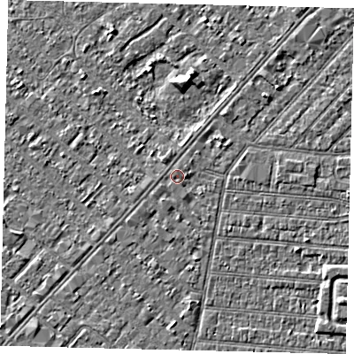 Shaded relief map of the ground around HU93DQ, computed from Environment Agency LiDAR. The ground here sits at about 2 m above sea level and falls 4 m across the surrounding 800 m. Surface water reaching this point runs off ground lying to the south-south-east, 0.7 m higher.