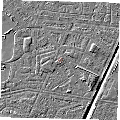 Shaded relief map of the ground around HU93DR, computed from Environment Agency LiDAR. The ground here sits at about 3 m above sea level and falls 6 m across the surrounding 800 m. Surface water reaching this point runs off ground lying to the north-north-east, 0.8 m higher.