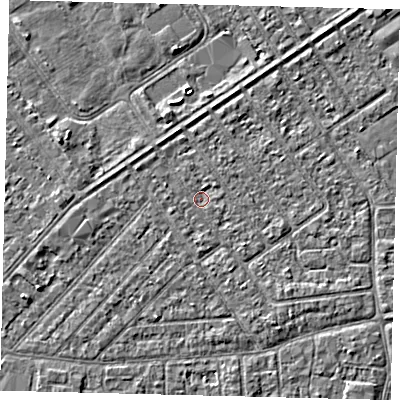 Shaded relief map of the ground around HU93DU, computed from Environment Agency LiDAR. The ground here sits at about 2 m above sea level and falls 3 m across the surrounding 800 m. Surface water reaching this point runs off ground lying to the south-south-west, 0.9 m higher.