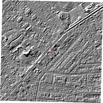 Shaded relief map of the ground around HU93DW, computed from Environment Agency LiDAR. The ground here sits at about 3 m above sea level and falls 4 m across the surrounding 800 m. Surface water reaching this point runs off ground lying to the south-east, 1.5 m higher.