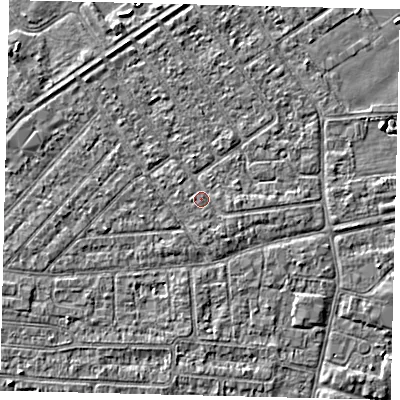 Shaded relief map of the ground around HU93DY, computed from Environment Agency LiDAR. The ground here sits at about 3 m above sea level and falls 2 m across the surrounding 800 m. Surface water reaching this point runs off ground lying to the south-south-east, 1.0 m higher.