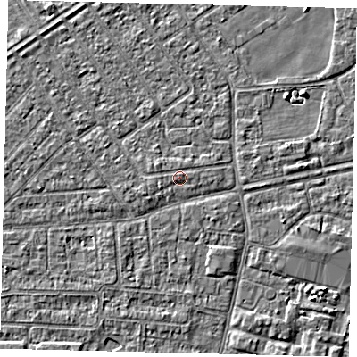 Shaded relief map of the ground around HU93DZ, computed from Environment Agency LiDAR. The ground here sits at about 3 m above sea level and falls 3 m across the surrounding 800 m. Surface water reaching this point runs off ground lying to the west-south-west, 0.6 m higher.