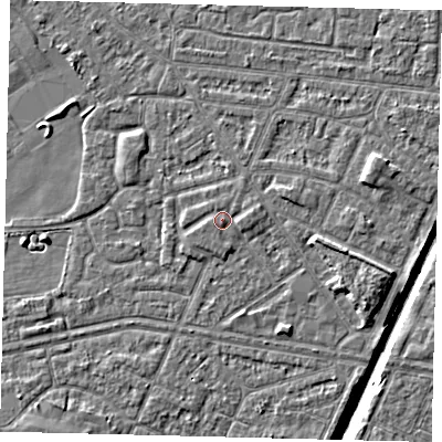 Shaded relief map of the ground around HU93EA, computed from Environment Agency LiDAR. The ground here sits at about 3 m above sea level and falls 6 m across the surrounding 800 m. Surface water reaching this point runs off ground lying to the east, 0.8 m higher.
