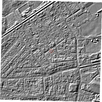 Shaded relief map of the ground around HU93EB, computed from Environment Agency LiDAR. The ground here sits at about 2 m above sea level and falls 3 m across the surrounding 800 m. Surface water reaching this point runs off ground lying to the south, 1.4 m higher.