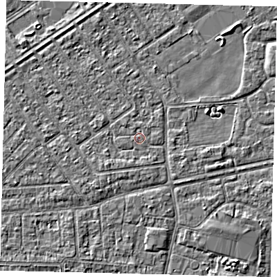 Shaded relief map of the ground around HU93ED, computed from Environment Agency LiDAR. The ground here sits at about 2 m above sea level and falls 3 m across the surrounding 800 m. The ground contributing surface water to this point lies to the west-south-west.