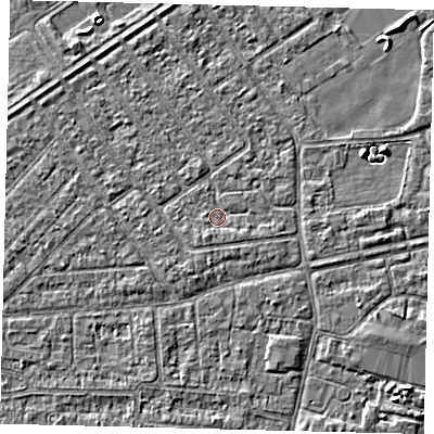 Shaded relief map of the ground around HU93EE, computed from Environment Agency LiDAR. The ground here sits at about 2 m above sea level and falls 3 m across the surrounding 800 m. Surface water reaching this point runs off ground lying to the south-south-west, 0.9 m higher.
