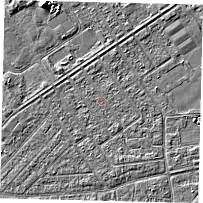 Shaded relief map of the ground around HU93EJ, computed from Environment Agency LiDAR. The ground here sits at about 2 m above sea level and falls 6 m across the surrounding 800 m. Surface water reaching this point runs off ground lying to the south, 1.4 m higher.