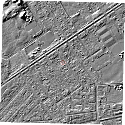 Shaded relief map of the ground around HU93EL, computed from Environment Agency LiDAR. The ground here sits at about 2 m above sea level and falls 7 m across the surrounding 800 m. Surface water reaching this point runs off ground lying to the south, 0.7 m higher.