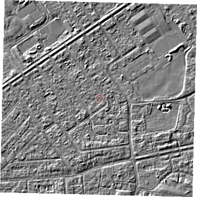 Shaded relief map of the ground around HU93EN, computed from Environment Agency LiDAR. The ground here sits at about 2 m above sea level and falls 3 m across the surrounding 800 m. Surface water reaching this point runs off ground lying to the south-west, 0.6 m higher.