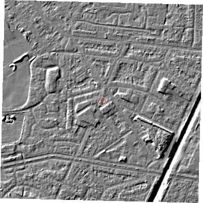 Shaded relief map of the ground around HU93EP, computed from Environment Agency LiDAR. The ground here sits at about 3 m above sea level and falls 6 m across the surrounding 800 m. Surface water reaching this point runs off ground lying to the east-south-east, 0.8 m higher.