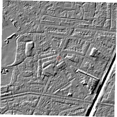 Shaded relief map of the ground around HU93EQ, computed from Environment Agency LiDAR. The ground here sits at about 3 m above sea level and falls 6 m across the surrounding 800 m. Surface water reaching this point runs off ground lying to the east, 1.2 m higher.
