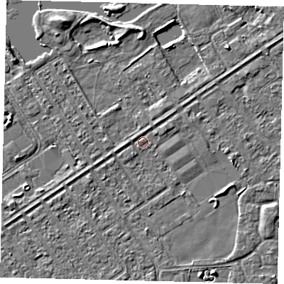 Shaded relief map of the ground around HU93EX, computed from Environment Agency LiDAR. The ground here sits at about 2 m above sea level and falls 4 m across the surrounding 800 m. Surface water reaching this point runs off ground lying to the east-north-east, 1.2 m higher.
