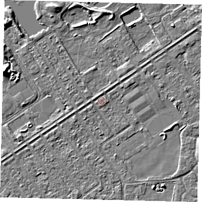 Shaded relief map of the ground around HU93EY, computed from Environment Agency LiDAR. The ground here sits at about 2 m above sea level and falls 7 m across the surrounding 800 m. Surface water reaching this point runs off ground lying to the west-south-west, 1.4 m higher.