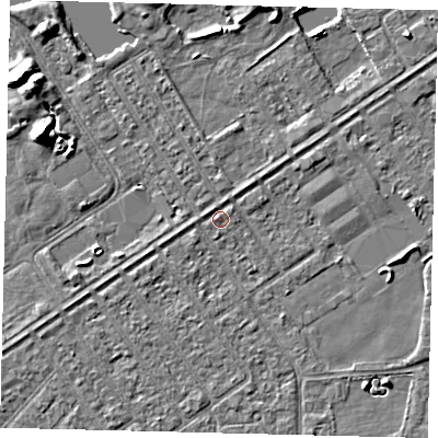 Shaded relief map of the ground around HU93EZ, computed from Environment Agency LiDAR. The ground here sits at about 2 m above sea level and falls 7 m across the surrounding 800 m. Surface water reaching this point runs off ground lying to the west-north-west, 0.7 m higher.