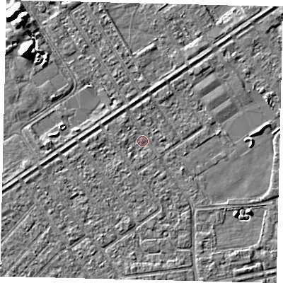 Shaded relief map of the ground around HU93HA, computed from Environment Agency LiDAR. The ground here sits at about 2 m above sea level and falls 7 m across the surrounding 800 m. Surface water reaching this point runs off ground lying to the east-south-east, 2.1 m higher.