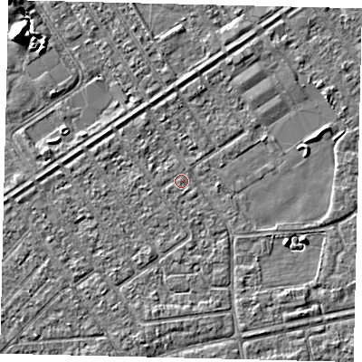 Shaded relief map of the ground around HU93HB, computed from Environment Agency LiDAR. The ground here sits at about 2 m above sea level and falls 7 m across the surrounding 800 m. Surface water reaching this point runs off ground lying to the east-south-east, 2.1 m higher.
