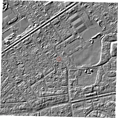 Shaded relief map of the ground around HU93HD, computed from Environment Agency LiDAR. The ground here sits at about 2 m above sea level and falls 3 m across the surrounding 800 m. Surface water reaching this point runs off ground lying to the east-south-east, 2.1 m higher.