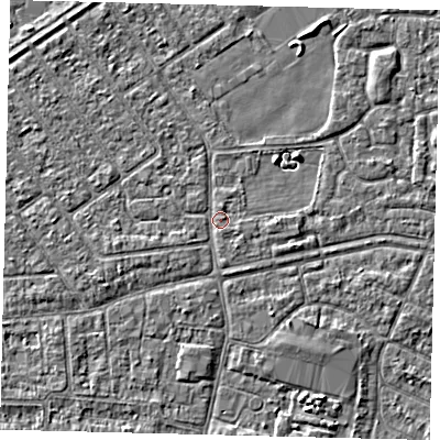 Shaded relief map of the ground around HU93HF, computed from Environment Agency LiDAR. The ground here sits at about 2 m above sea level and falls 3 m across the surrounding 800 m. Surface water reaching this point runs off ground lying to the south-south-east, 1.2 m higher.