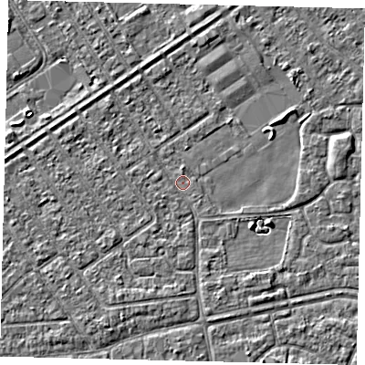Shaded relief map of the ground around HU93HG, computed from Environment Agency LiDAR. The ground here sits at about 2 m above sea level and falls 3 m across the surrounding 800 m. Surface water reaching this point runs off ground lying to the east-south-east, 2.1 m higher.