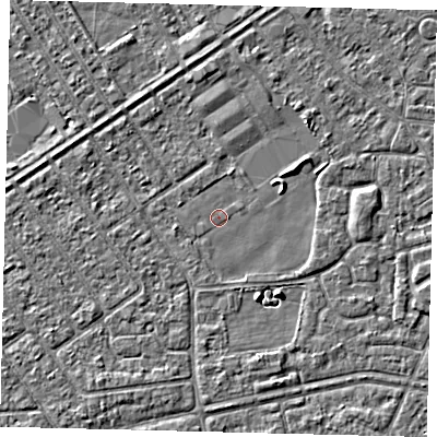 Shaded relief map of the ground around HU93HJ, computed from Environment Agency LiDAR. The ground here sits at about 2 m above sea level and falls 3 m across the surrounding 800 m. Surface water reaching this point runs off ground lying to the north-east, 1.5 m higher.