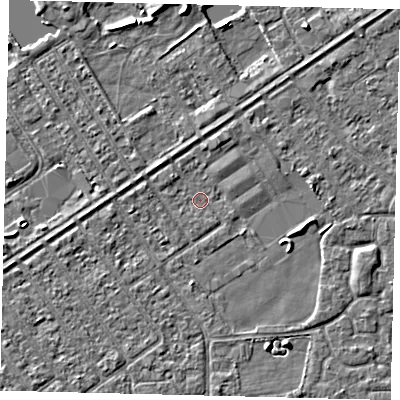 Shaded relief map of the ground around HU93HL, computed from Environment Agency LiDAR. The ground here sits at about 2 m above sea level and falls 3 m across the surrounding 800 m. Surface water reaching this point runs off ground lying to the south-south-east, 2.1 m higher.