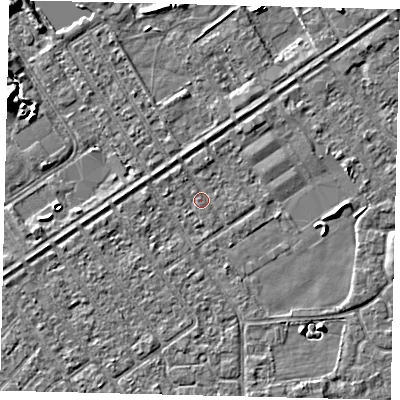 Shaded relief map of the ground around HU93HN, computed from Environment Agency LiDAR. The ground here sits at about 2 m above sea level and falls 7 m across the surrounding 800 m. Surface water reaching this point runs off ground lying to the south-east, 2.1 m higher.