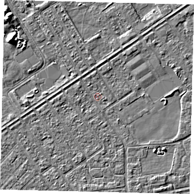 Shaded relief map of the ground around HU93HP, computed from Environment Agency LiDAR. The ground here sits at about 2 m above sea level and falls 7 m across the surrounding 800 m. Surface water reaching this point runs off ground lying to the south-east, 2.1 m higher.