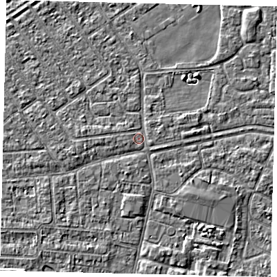 Shaded relief map of the ground around HU93HR, computed from Environment Agency LiDAR. The ground here sits at about 2 m above sea level and falls 3 m across the surrounding 800 m. Surface water reaching this point runs off ground lying to the south-east, 1.2 m higher.