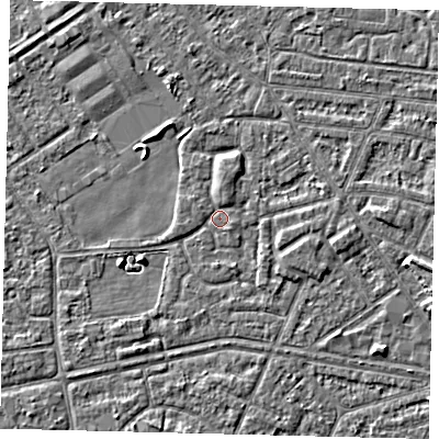 Shaded relief map of the ground around HU93HS, computed from Environment Agency LiDAR. The ground here sits at about 2 m above sea level and falls 3 m across the surrounding 800 m. Surface water reaching this point runs off ground lying to the south-east, 1.1 m higher.