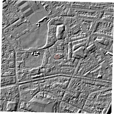 Shaded relief map of the ground around HU93HT, computed from Environment Agency LiDAR. The ground here sits at about 2 m above sea level and falls 5 m across the surrounding 800 m. Surface water reaching this point runs off ground lying to the east-south-east, 1.0 m higher.