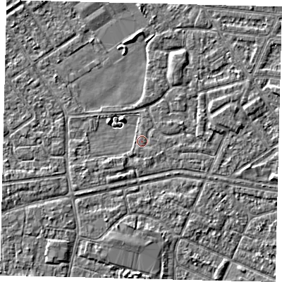 Shaded relief map of the ground around HU93HU, computed from Environment Agency LiDAR. The ground here sits at about 2 m above sea level and falls 3 m across the surrounding 800 m. Surface water reaching this point runs off ground lying to the south-west, 0.8 m higher.