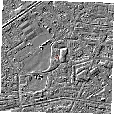 Shaded relief map of the ground around HU93HW, computed from Environment Agency LiDAR. The ground here sits at about 2 m above sea level and falls 3 m across the surrounding 800 m. Surface water reaching this point runs off ground lying to the east-south-east, 0.9 m higher.