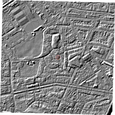 Shaded relief map of the ground around HU93HX, computed from Environment Agency LiDAR. The ground here sits at about 2 m above sea level and falls 6 m across the surrounding 800 m. Surface water reaching this point runs off ground lying to the east-south-east, 1.1 m higher.