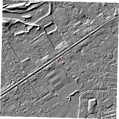 Shaded relief map of the ground around HU93JA, computed from Environment Agency LiDAR. The ground here sits at about 2 m above sea level and falls 4 m across the surrounding 800 m. Surface water reaching this point runs off ground lying to the north, 0.6 m higher.
