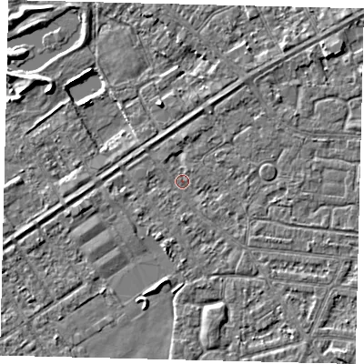 Shaded relief map of the ground around HU93JB, computed from Environment Agency LiDAR. The ground here sits at about 2 m above sea level and falls 3 m across the surrounding 800 m. Surface water reaching this point runs off ground lying to the south-south-east, 1.7 m higher.