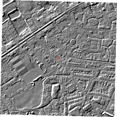 Shaded relief map of the ground around HU93JD, computed from Environment Agency LiDAR. The ground here sits at about 2 m above sea level and falls 4 m across the surrounding 800 m. Surface water reaching this point runs off ground lying to the south-east, 1.8 m higher.