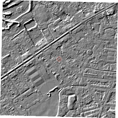 Shaded relief map of the ground around HU93JE, computed from Environment Agency LiDAR. The ground here sits at about 2 m above sea level and falls 3 m across the surrounding 800 m. Surface water reaching this point runs off ground lying to the south-south-east, 1.6 m higher.