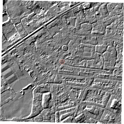 Shaded relief map of the ground around HU93JG, computed from Environment Agency LiDAR. The ground here sits at about 2 m above sea level and falls 4 m across the surrounding 800 m. Surface water reaching this point runs off ground lying to the south-south-east, 1.8 m higher.