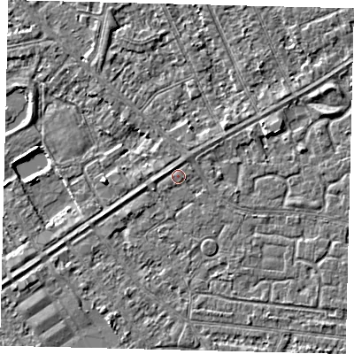 Shaded relief map of the ground around HU93JP, computed from Environment Agency LiDAR. The ground here sits at about 2 m above sea level and falls 3 m across the surrounding 800 m. Surface water reaching this point runs off ground lying to the east-north-east, 0.7 m higher.