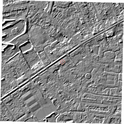 Shaded relief map of the ground around HU93JR, computed from Environment Agency LiDAR. The ground here sits at about 2 m above sea level and falls 3 m across the surrounding 800 m. Surface water reaching this point runs off ground lying to the south-south-east, 0.6 m higher.