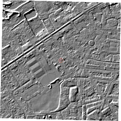 Shaded relief map of the ground around HU93JS, computed from Environment Agency LiDAR. The ground here sits at about 2 m above sea level and falls 3 m across the surrounding 800 m. Surface water reaching this point runs off ground lying to the south-south-west, 0.5 m higher.