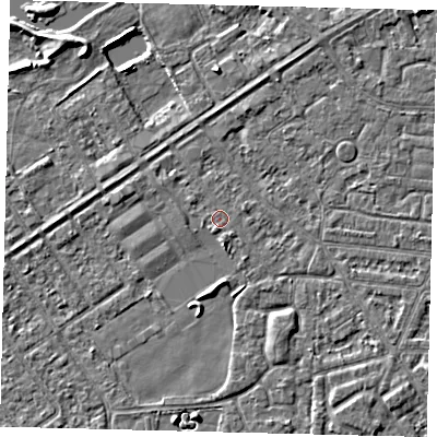 Shaded relief map of the ground around HU93JU, computed from Environment Agency LiDAR. The ground here sits at about 2 m above sea level and falls 3 m across the surrounding 800 m. Surface water reaching this point runs off ground lying to the south-south-west, 0.7 m higher.
