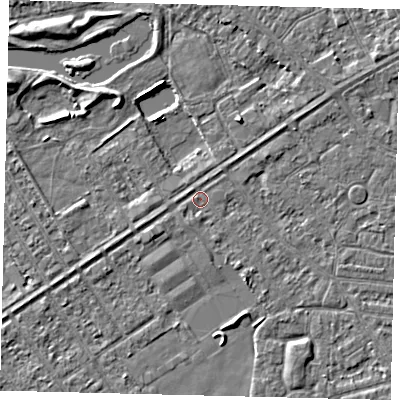 Shaded relief map of the ground around HU93JX, computed from Environment Agency LiDAR. The ground here sits at about 2 m above sea level and falls 4 m across the surrounding 800 m. Surface water reaching this point runs off ground lying to the south-south-east, 0.8 m higher.