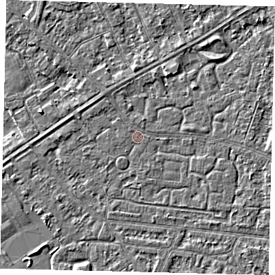 Shaded relief map of the ground around HU93JY, computed from Environment Agency LiDAR. The ground here sits at about 2 m above sea level and falls 3 m across the surrounding 800 m. Surface water reaching this point runs off ground lying to the west, 1.4 m higher.