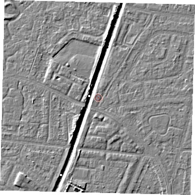 Shaded relief map of the ground around HU93LA, computed from Environment Agency LiDAR. The ground here sits at about 3 m above sea level and falls 6 m across the surrounding 800 m. Surface water reaching this point runs off ground lying to the north-west, 5.1 m higher.